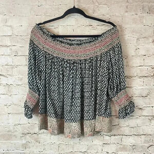 Anthropologie Vanessa Virginia Small Navy Blue Smocked Blouse Top 3/4 Sleeves S